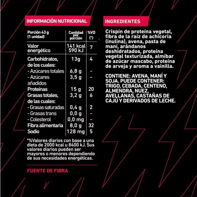 Barritas de Cereal Proteica Pasta de Mani y Arandanos x 45 gr x 10 u (Integra)