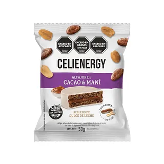 Alfajor de Cacao y Mani Relleno de Dulce de Leche con Bano Repostero de Choco Blanco x 50 gr x 12 u (Celienergy)