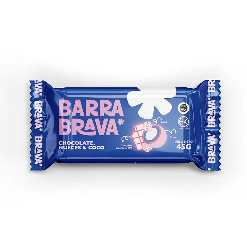 Barra de Chocolate Amargo, Nueces y Coco x 45 gr (Barra Brava)